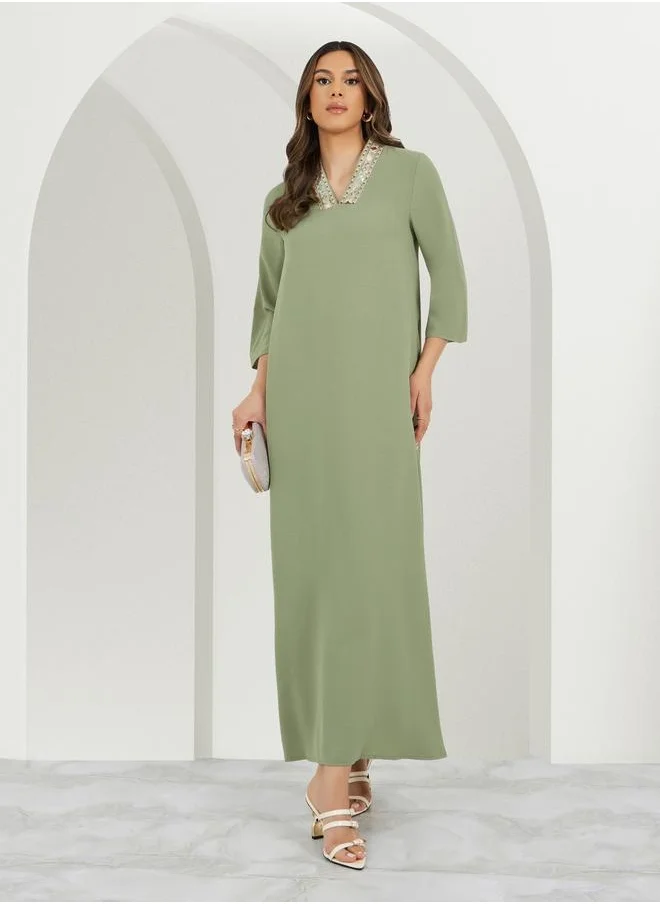 ستايلي Lace Insert V Neck Jalabiya with 3/4 Sleeves