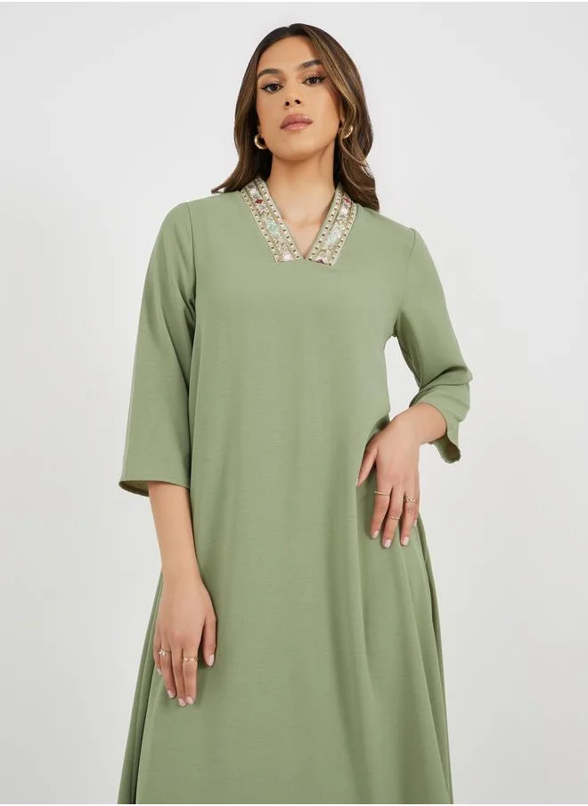 ستايلي Lace Insert V Neck Jalabiya with 3/4 Sleeves