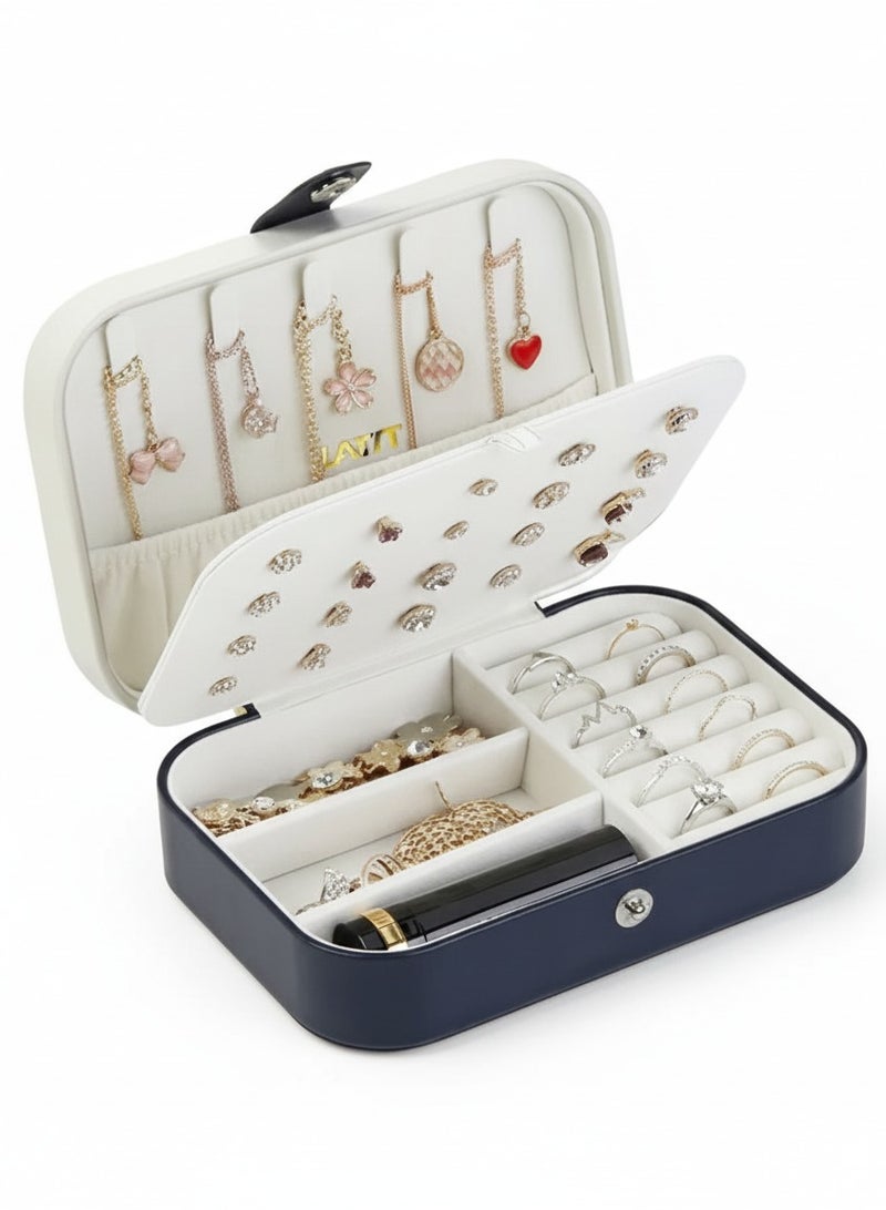 TANGBLIB Travel Jewelry Box PU Leather Portable Organizer for Women and Girls, Double-Layer Mini Jewelry Storage Case with Adjustable Dividers for Rings, Necklaces, Bracelets, Stud Earrings, Soft Velvet Anti-Scratch Interior, Hooks and Elastic Pocket for Tangle-Free Necklaces, Lightweight Compact Travel Jewelry Holder for Suitcase and Gifts