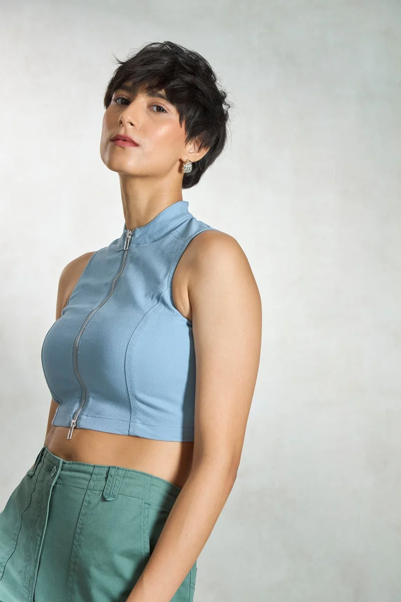 Virgio Ash Blue Cotton Stretch Daywear Seamed Zipper Tops for Women for Women | Best Price UAE