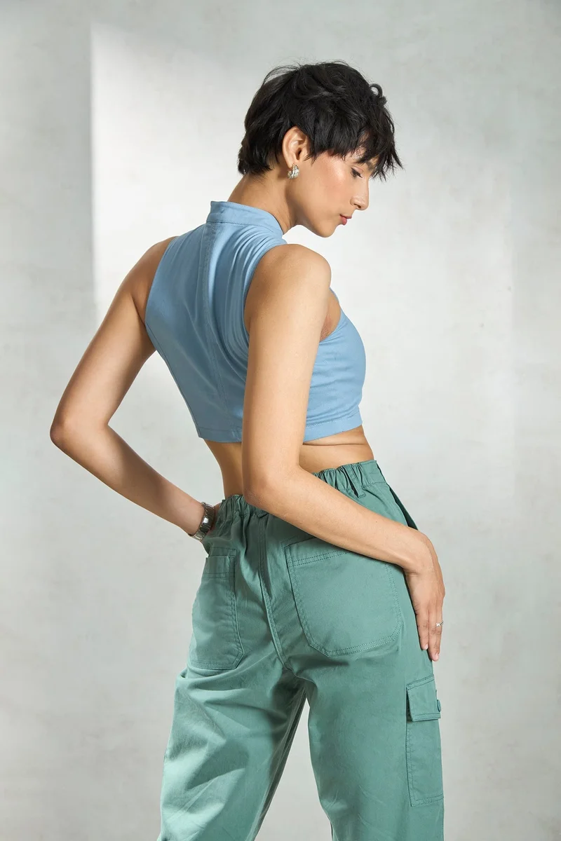 Virgio Ash Blue Cotton Stretch Daywear Seamed Zipper Tops for Women for Women | Best Price UAE