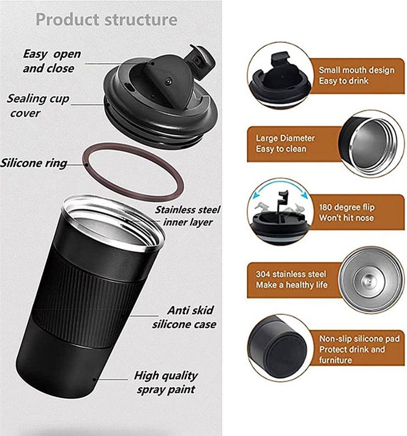 Wosta Travel Mug, Insulated Coffee Cup with Leakproof Lid,Vacuum Insulation Stainless Steel Reusable for Hot Cold Coffee, Non-Slip Protective Cover, (Black, 510 Ml) - Image 4