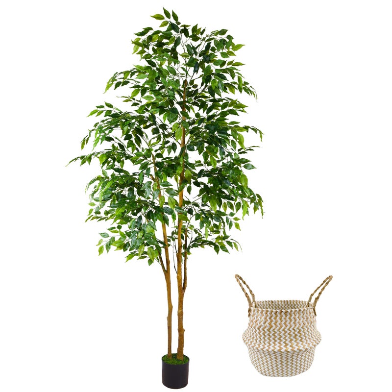Warmplants Artificial Ficus Tree 7ft Silk Fake Ficus Leaves Plant with Basket Indoor Outdoor Faux Green Tree for Home Garden Office House Livingroom Dcor