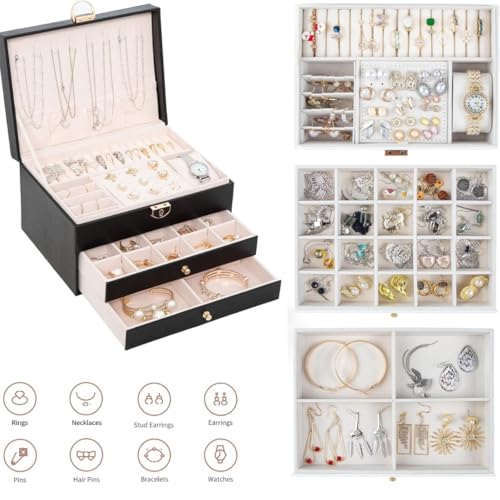 Sprqcart Jewelry Box for Women Girls 3 Layer PU Leather Organizer Storage Case with Compartments for Earrings Rings Bracelets, Necklaces, Watches | Travel Display Box Gift Idea - Image 4