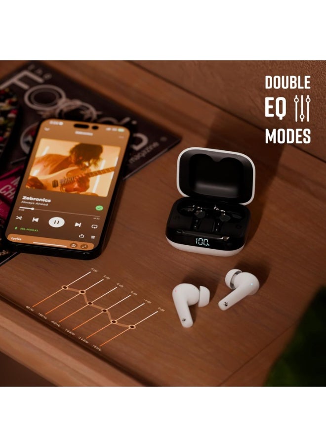 ZEBRONICS - ZEBRONICS PODS K2 In-Ear Wireless Earbuds, Upto 40 Hrs Backup, Dual EQ, Quad MIC ENC, 10mm Bass Drivers, Fast Charging, Bluetooth, Flash Connect, 40ms Low Latency Gaming, LED Battery Indicator (White) - Image 1