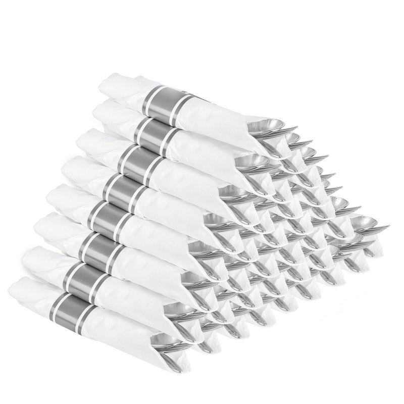 WELLIFE WELLIFE 50 Pack Silver Plastic Silverware with Pre Rolled Napkins for 50 GuestsUtensil Sets Includes50 Forks 50 Knives 50 Spoons 50 NapkinsCutlery Set Disposable 