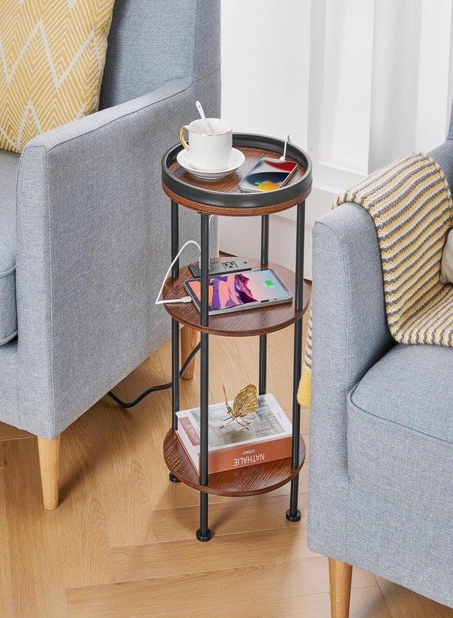 ZEXVIDA Small Round Side Table with Charging Station for Small Spaces, 3-Tier Accent Table with USB Ports & Power Outlets, Sofa Corner Tea Table for Living Room Nightstand Bedroom Apartment (USB, Cherry) - Image 3