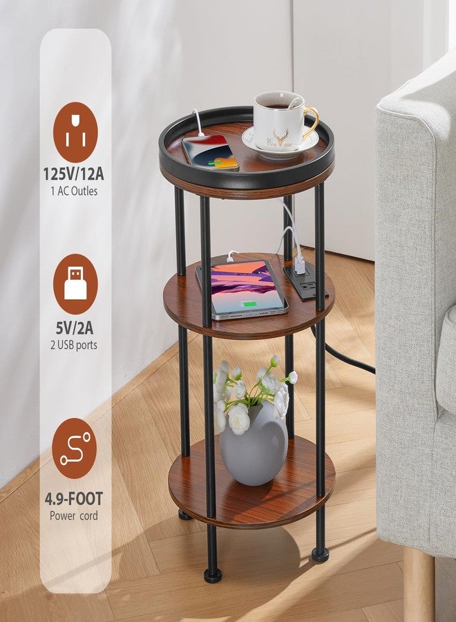 ZEXVIDA Small Round Side Table with Charging Station for Small Spaces, 3-Tier Accent Table with USB Ports & Power Outlets, Sofa Corner Tea Table for Living Room Nightstand Bedroom Apartment (USB, Cherry) - Image 2