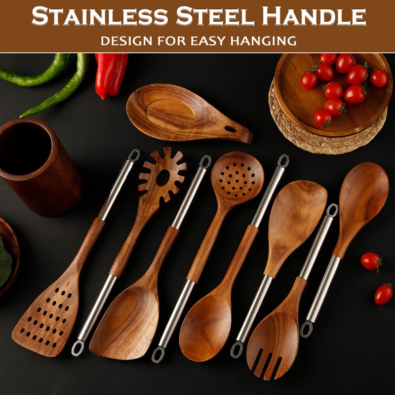NAYAHOSE 10 PCS Wooden Spoons for Cooking, Spoons and Spatula Set with Stainless Steel Handle, Teak Wooden Utensils Set with Holder & Spoon Rest, Kitchen Utensils for Non-Stick Cookware - Image 4