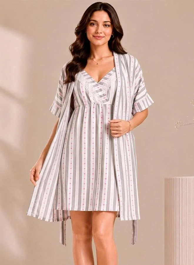 كلوفيا White Printed Rayon Nightdress and Robe Set