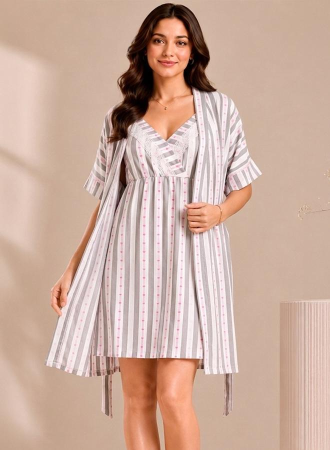 Clovia White Printed Rayon Nightdress and Robe Set - Image 2