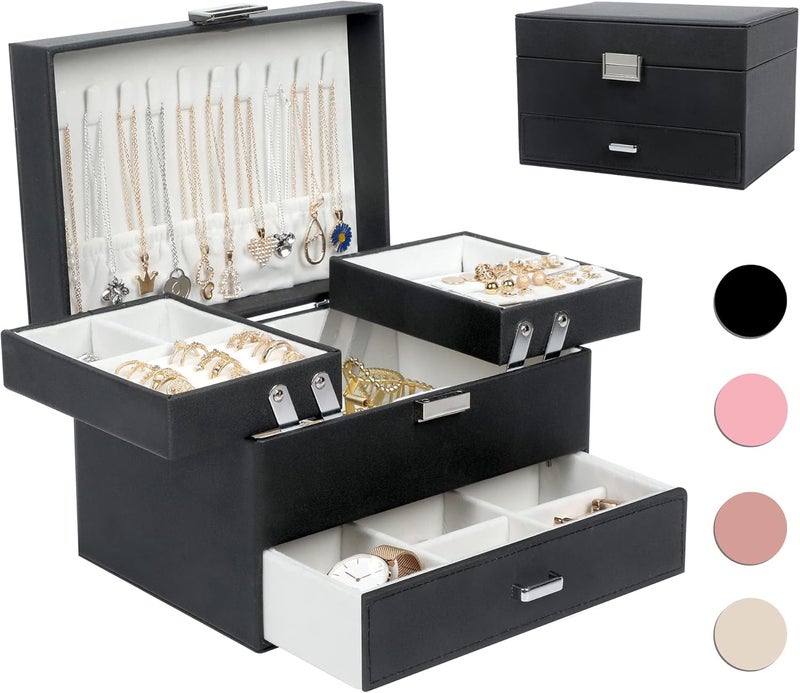 Dajasan Jewelry Boxes for Women Girls, Jewelry Organizer Box, 3 Layers Jewelry Storage Organizer for Earring, Ring, Necklace, Bracelets (Black) - Image 1