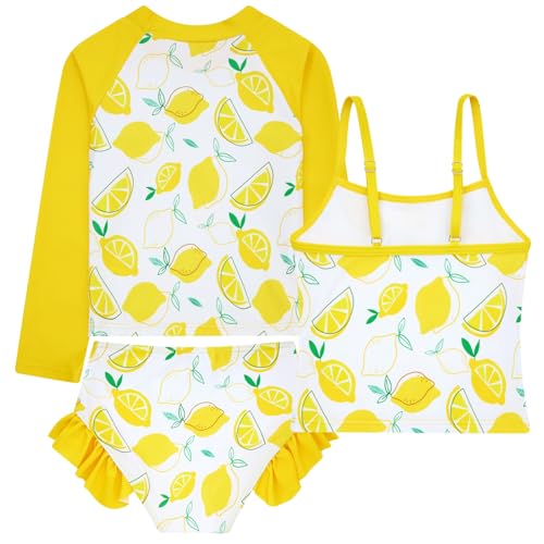 Funnycokid Little Girl Swimsuit Size 5 6 Long Sleeve 3 Pieces Rash Guard Tankini Bathing Suit Yellow Lemon Swimwear Kids - Image 2
