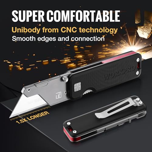 WORKPRO Premium Titanium Utility Knife, CNC Unibody, Lightweight G-10Handle Folding Box Cutter, Quick Change Blade Razor Knife,Ideal Gifts for Men Women, with 10 Extra Blades - Image 3