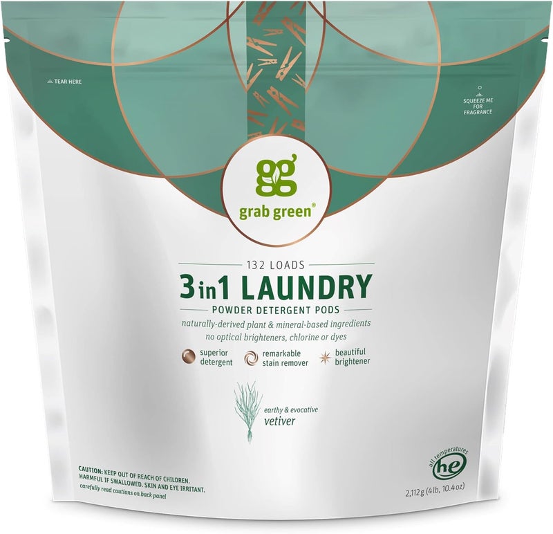 Grab Green 3 in 1 Laundry Detergent Pods with Vetiver Scent - 132 Loads (5 lbs, 4 oz) - Image 1
