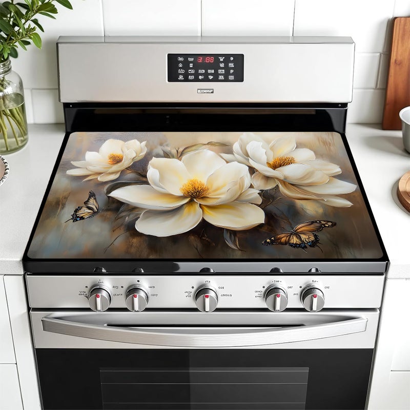 AOHMPT Multi-Design Stove Top Cover for Glass/Electric Stoves - 3-in-1 Heat-Resistant Protector Mat, Non-Slip Drying Rack 28"x20" (Flower-Butterfly, 28" L x 20" W) - Image 1