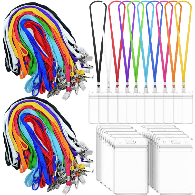 Beieverluck 400 Pack Colored Neck Lanyard Bulk with ID Card Holder Lanyards for ID Badges Vertical Name Badge ID Card Holders Flat Neck Lanyards with Clip for Nurses Teacher Students, Multicolor - Image 1