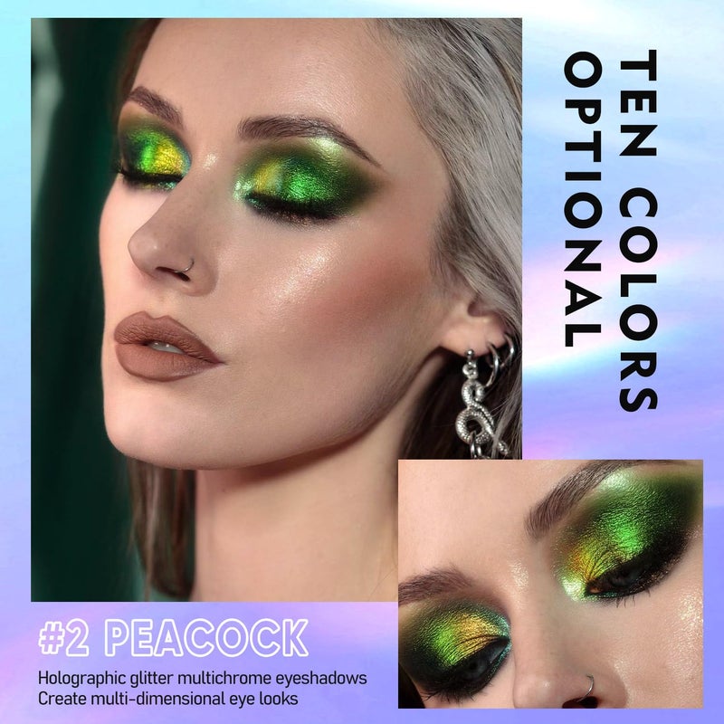 MAKI YIKA Glitter Eyeshadow Green Liquid Multichrome Eyeshadows Long Lasting Metallic Chameleon Eye Shadow Holographic Eye Topper Glitters (#2 Peacock) - Image 3