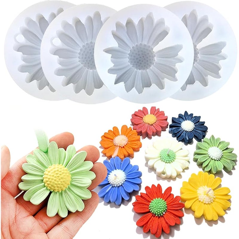 Keromtein 4 PCS Daisy Flower Silicone Molds for Candles, 3D Flower Candle Mold Silicone Daisy DIY Soap Wax Epoxy Resin Plaster Concrete Casting Polymer Clay Craft, Chocolate Fondant Cake Topper Decoration Mold - Image 1
