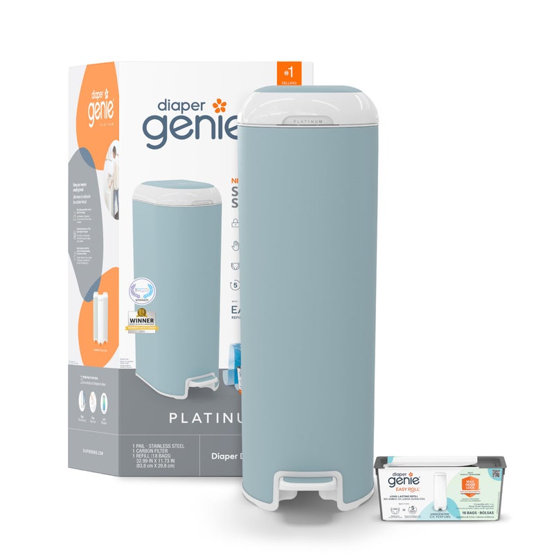 Diaper Genie Platinum Pail Glacial Blue is Made in Durable Stainless Steel and Includes 1 Easy Roll Refill with 18 Bags That can Last up to 5 Months