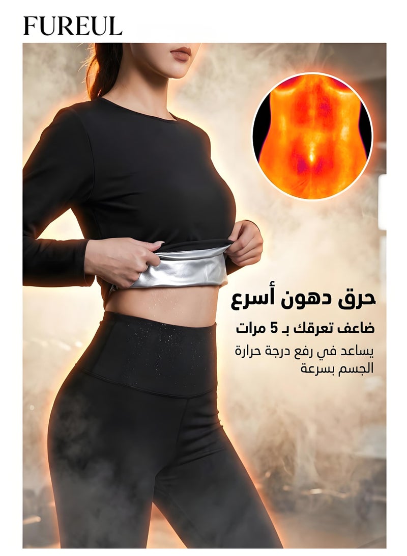 FUREUL Women Sauna Sweat Suit Long Sleeve Full Length Pants Set Polyester Silver PU Coated Heat Insulation Fabric Fast Sweating Fat Burning Body Shaping Workout Fitness Slimming Outfit Includes Long Sleeve Top High Waist Pants - Image 2