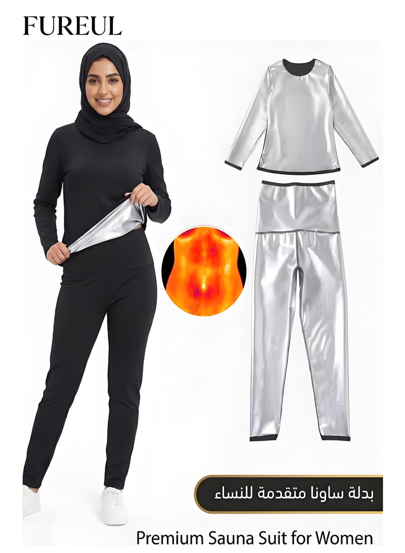 FUREUL Women Sauna Sweat Suit Long Sleeve Full Length Pants Set Polyester Silver PU Coated Heat Insulation Fabric Fast Sweating Fat Burning Body Shaping Workout Fitness Slimming Outfit Includes Long Sleeve Top High Waist Pants - Image 1