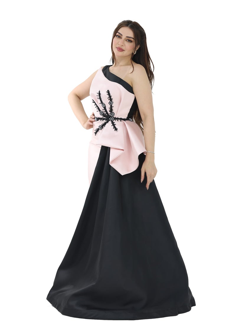 Modern Design A classic, luxurious evening dress made of taffeta material with elegant side embroidery. The dress features a luxurious black side shawl, a sophisticated and elegant piece. It combines classic elegan  - Image 3