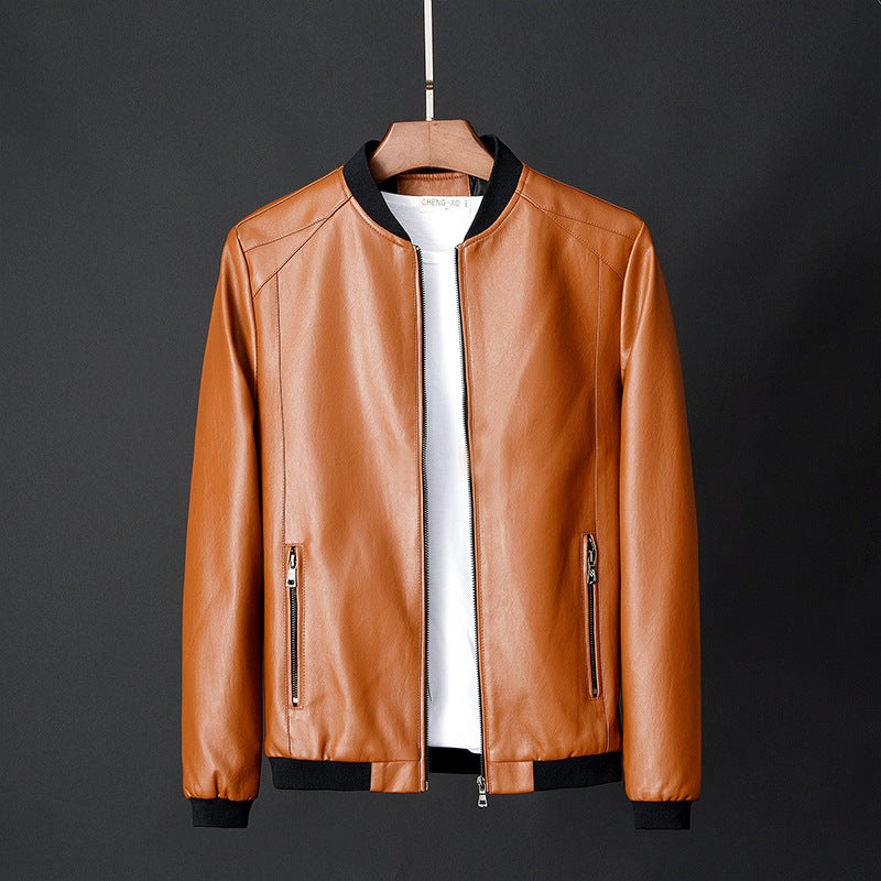 New Spring Autumn Mens PU Leather Jacket Casual Biker Coat Plus Size Orange  - Image 1