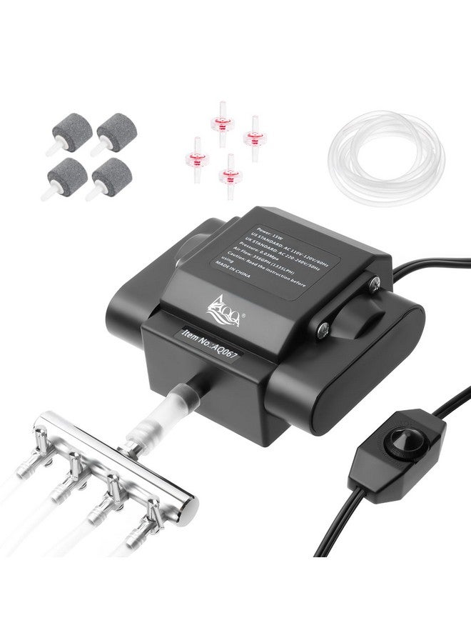AQQA AQQA Aquarium Air Pump Powerful Pond Aerator Oxygen Pump 4 Outlets Adjustable Hydroponic Air Bubbler Pump with Air Stone Tube Air Valves for Up to 1000Gal (15W,356GPH) - Image 1