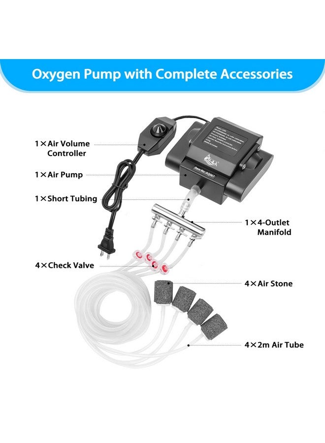 AQQA AQQA Aquarium Air Pump Powerful Pond Aerator Oxygen Pump 4 Outlets Adjustable Hydroponic Air Bubbler Pump with Air Stone Tube Air Valves for Up to 1000Gal (15W,356GPH) - Image 4