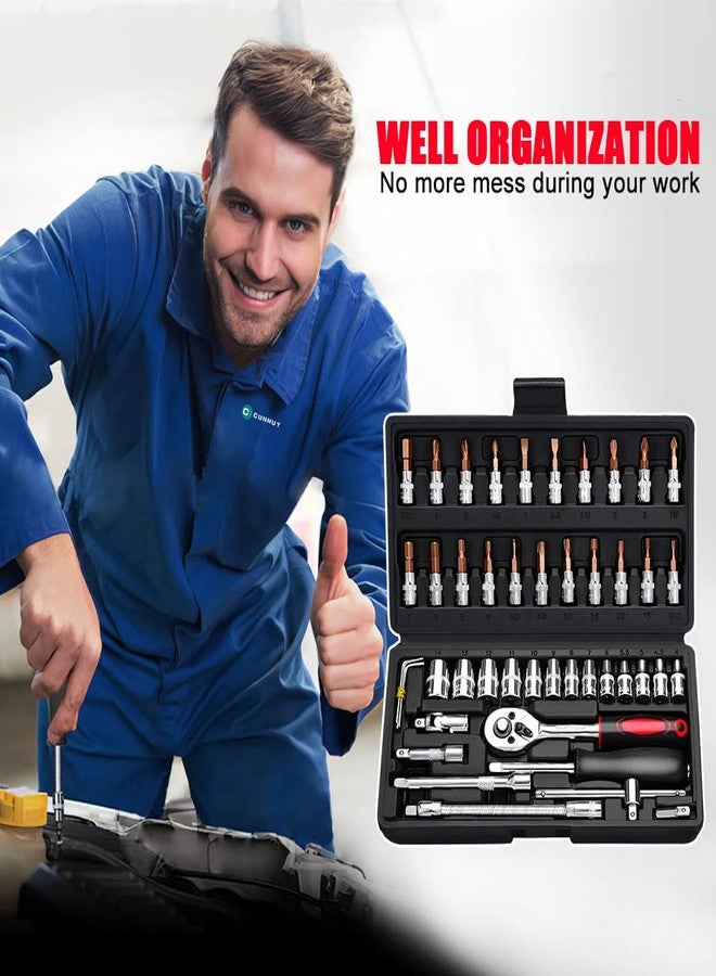 CUNHUY 46 PCS Socket Wrench Set, Mechanic Tool Kit Quick-release Ratchet, 1/4" Drive Bit Metric Combination Tools for Auto Repairing & Household with Storage Case - Image 5