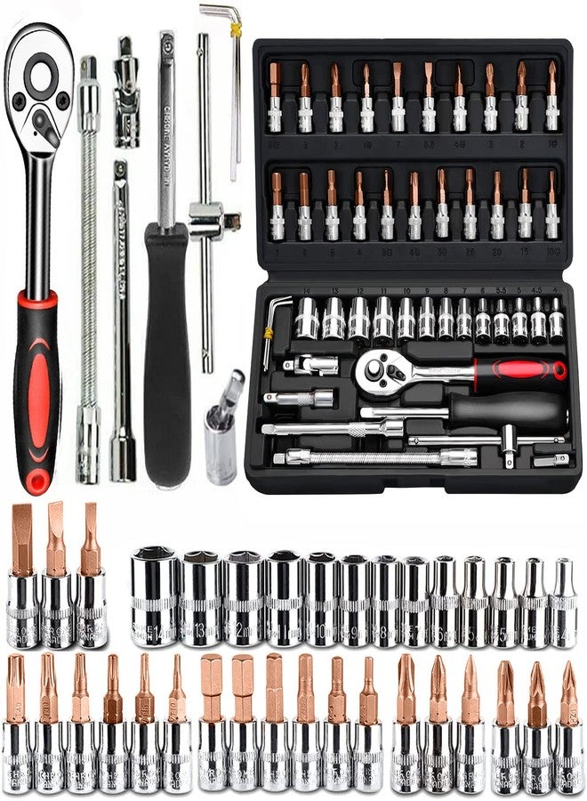 CUNHUY 46 PCS Socket Wrench Set, Mechanic Tool Kit Quick-release Ratchet, 1/4" Drive Bit Metric Combination Tools for Auto Repairing & Household with Storage Case - Image 1