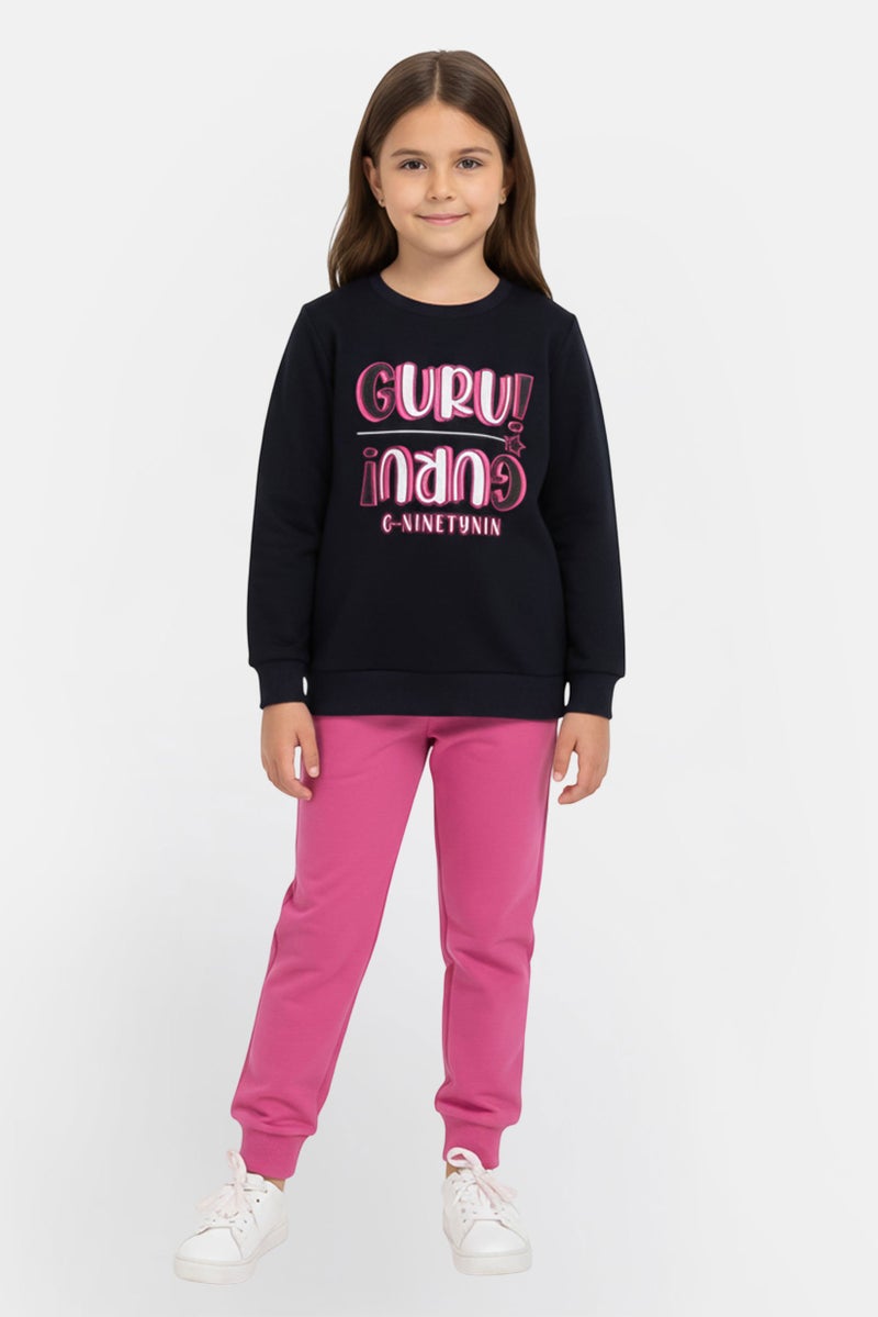 guru G99 By Guru Toddlers Girl 2 Pieces Brand Logo Sweatshirt With Bottom Set, Multicolor - Image 1