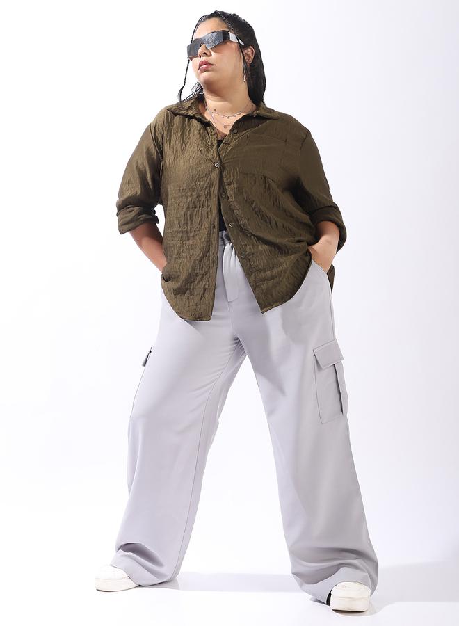 هاي ستار قميص نسائي أخضر مقاس كبير بياقة وأزرار من البوليستر بنسبة % - Image 1