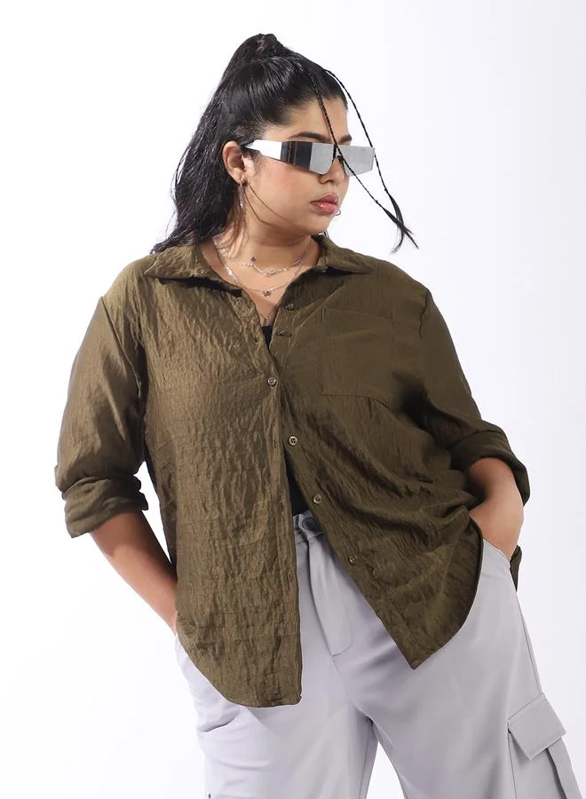 HIGH STAR Women'S Green 100% Polyester Solid Pattern Plus Size Button Down Boxy Shirt