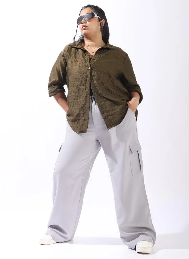 HIGH STAR Women'S Green 100% Polyester Solid Pattern Plus Size Button Down Boxy Shirt