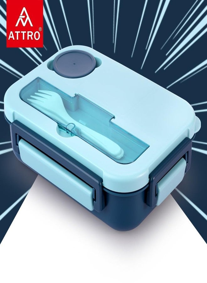 ATTRO Plastic Proton 4 Compartment Lunch Box with Small Container & Spook, Fork Included Snap Lock Design Leak-Proof BPA Free Food Grade-1550ml Dark Blue - Image 3