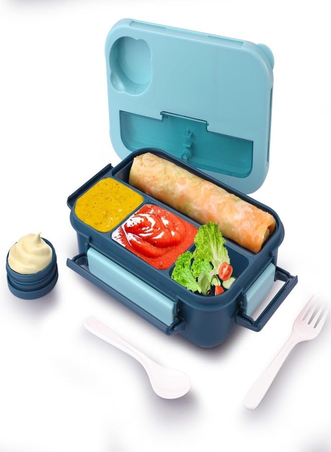 ATTRO Plastic Proton 4 Compartment Lunch Box with Small Container & Spook, Fork Included Snap Lock Design Leak-Proof BPA Free Food Grade-1550ml Dark Blue - Image 1