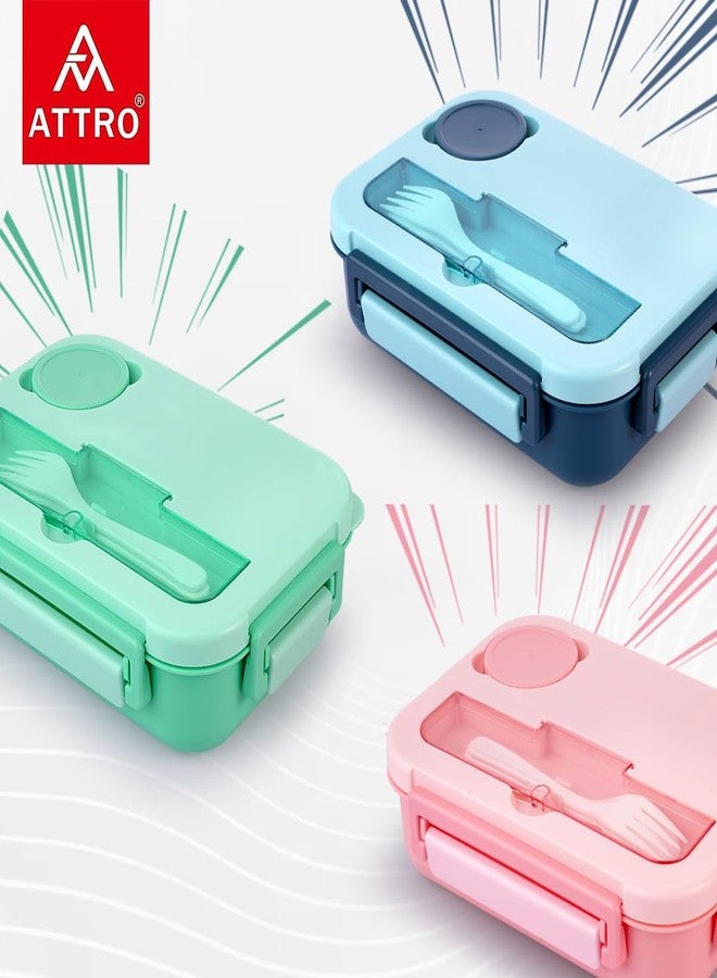 ATTRO Plastic Proton 4 Compartment Lunch Box with Small Container & Spook, Fork Included Snap Lock Design Leak-Proof BPA Free Food Grade-1550ml Dark Blue - Image 2