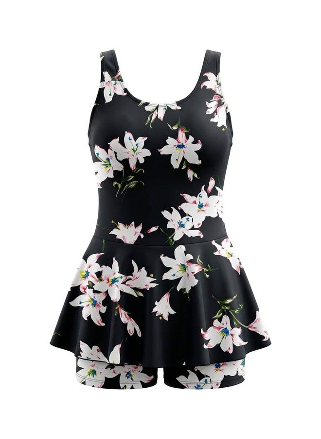 NLW Women's Floral Print Swimsuit with Built-in Shorts, Flowy Flared Fit, Secure Wide Straps, Soft Stretch Fabric (in, Alpha, 3XL, Black with Floral Print) - Image 1