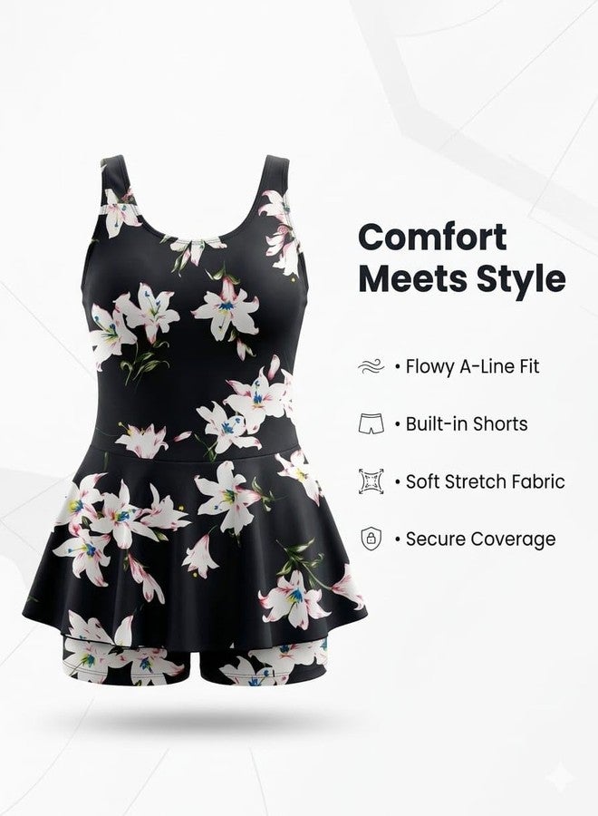 NLW Women's Floral Print Swimsuit with Built-in Shorts, Flowy Flared Fit, Secure Wide Straps, Soft Stretch Fabric (in, Alpha, 3XL, Black with Floral Print) - Image 3