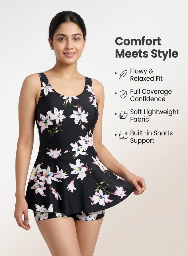 NLW Women's Floral Print Swimsuit with Built-in Shorts, Flowy Flared Fit, Secure Wide Straps, Soft Stretch Fabric (in, Alpha, 3XL, Black with Floral Print) - Image 4