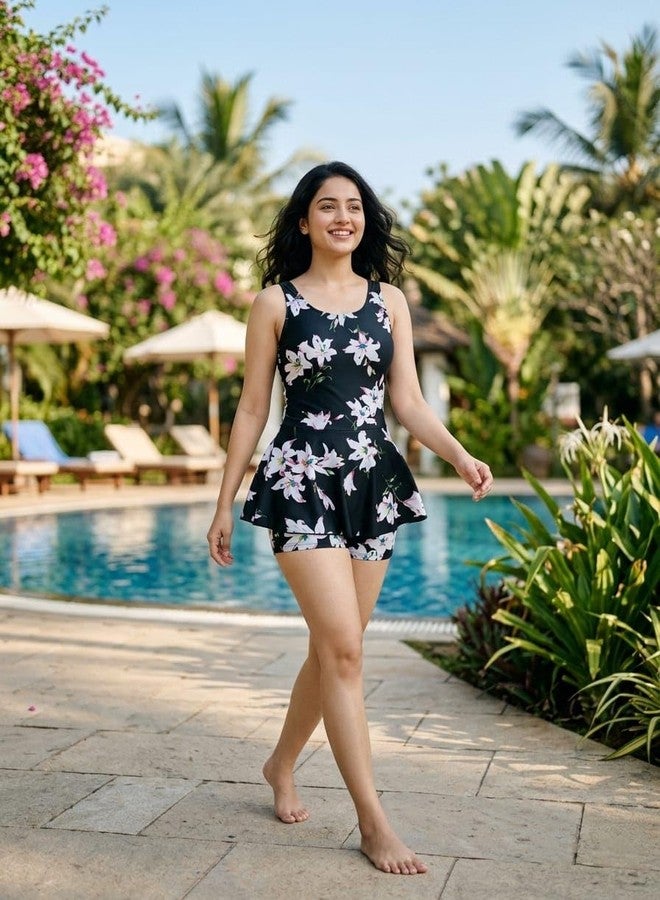 NLW Women's Floral Print Swimsuit with Built-in Shorts, Flowy Flared Fit, Secure Wide Straps, Soft Stretch Fabric (in, Alpha, 3XL, Black with Floral Print) - Image 5