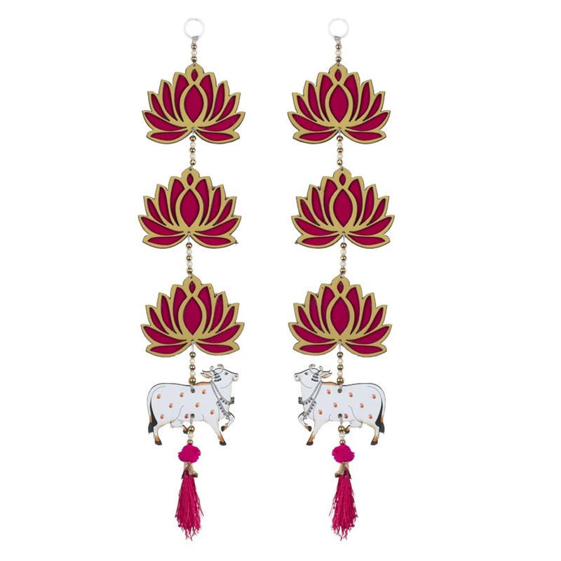 Kaameri Bazaar Kaameri Bazzar Lotus with Cow & Jhumki Style Hanging for Ganpati Decor and Diwali Decoration | MDF Floral Wall Hangings for Temple or Pooja Room, Door | Pack of 2 - Image 1
