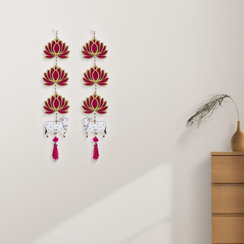 Kaameri Bazaar Kaameri Bazzar Lotus with Cow & Jhumki Style Hanging for Ganpati Decor and Diwali Decoration | MDF Floral Wall Hangings for Temple or Pooja Room, Door | Pack of 2 - Image 2