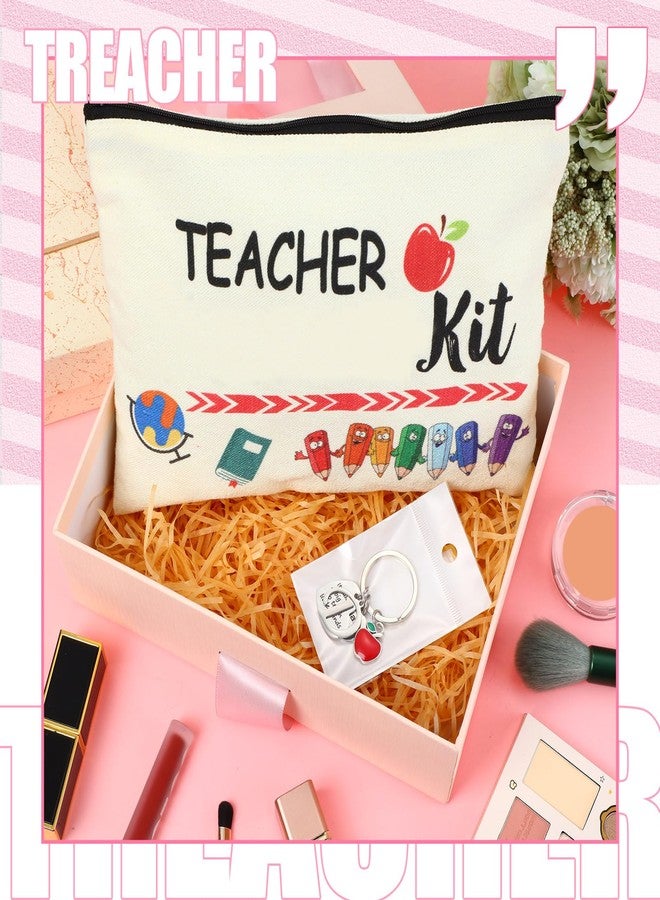 MTLEE 2 Pcs Christmas Teacher Appreciation Gift Women Teacher Kit Present Women Makeup Pouch Cosmetic Bag Thank You Keychain (D Shape) - Image 2