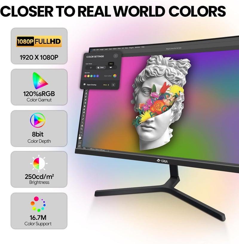 CRUA شاشة كمبيوتر 24 بوصة 1080P 100Hz منحنية 2800R، دقة FHD (1920x1080)، 120% sRGB، 0.5ms (MPRT)، تصميم فائق النحافة، خالٍ من الوميض، ضوء أزرق منخفض، مناسبة للاستخدام المنزلي والمكتبي، مكبر صوت مدمج - Image 2