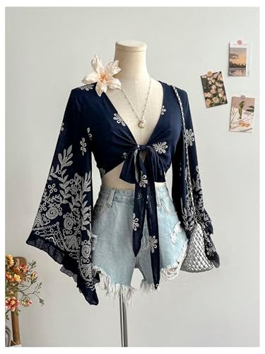 BEAUDRM Women's Boho Tops Wrap Western Country Concert 70s Outfits Tie Front Long Bell Sleeve Tops Hippie Disco Clothes Dark Blue and Apricot Medium - Image 3