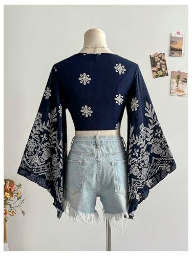 BEAUDRM Women's Boho Tops Wrap Western Country Concert 70s Outfits Tie Front Long Bell Sleeve Tops Hippie Disco Clothes Dark Blue and Apricot Medium - Image 2