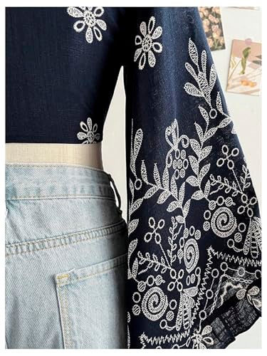 BEAUDRM Women's Boho Tops Wrap Western Country Concert 70s Outfits Tie Front Long Bell Sleeve Tops Hippie Disco Clothes Dark Blue and Apricot Medium - Image 5